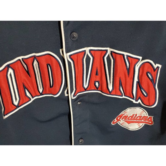 Indians Major League Baseball Short Sleeve Button Down Navy Red Jersey L (42-44) - Picture 3 of 8